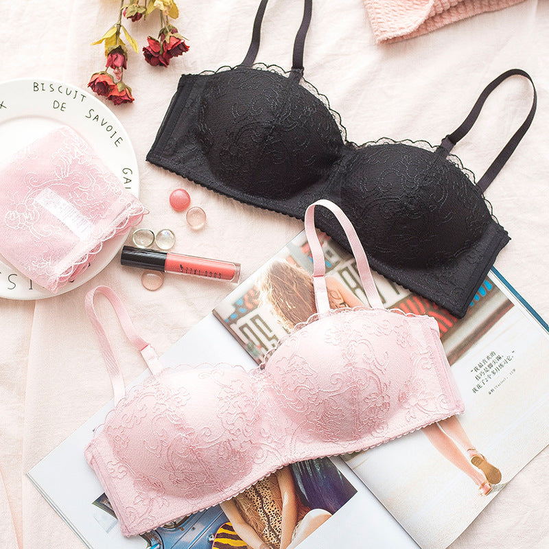 New For Women Pink Sexy Lingerie Lace Embroidery Half Cup Bralette Cotton Panties Wireless Bra Sets Underwear