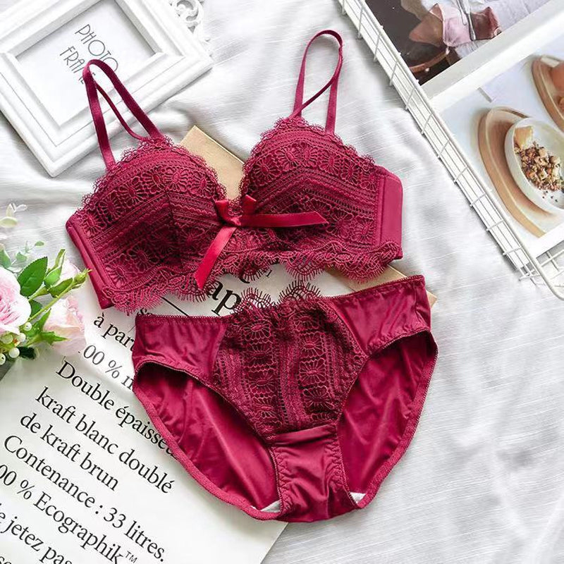 Fashion Women Blue Red Sexy Lingerie Bow Bralette Cotton Panties Cross Straps Push Up Wireless Bra Sets Underwear