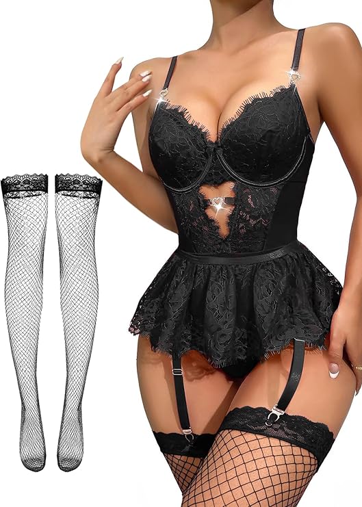 Stocking Rhinestones Heart Garter Underwire Floral Mesh lace Sheer Babydoll Lingerie Teddy Bodysuit Skirt Set (Black)