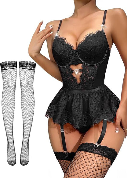Stocking Rhinestones Heart Garter Underwire Floral Mesh lace Sheer Babydoll Lingerie Teddy Bodysuit Skirt Set (Black)
