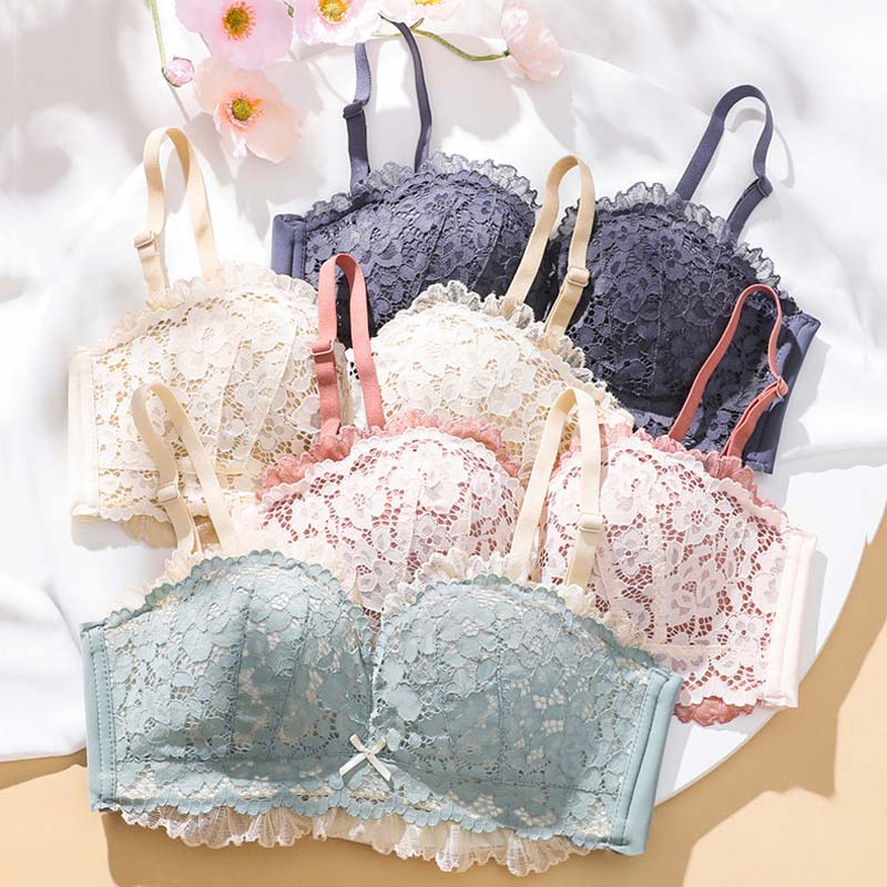 Women Pink Sexy Lingerie Sets Wireless Lace Cotton Panties Padded Bras Push Up Bra Sets Underwear A B