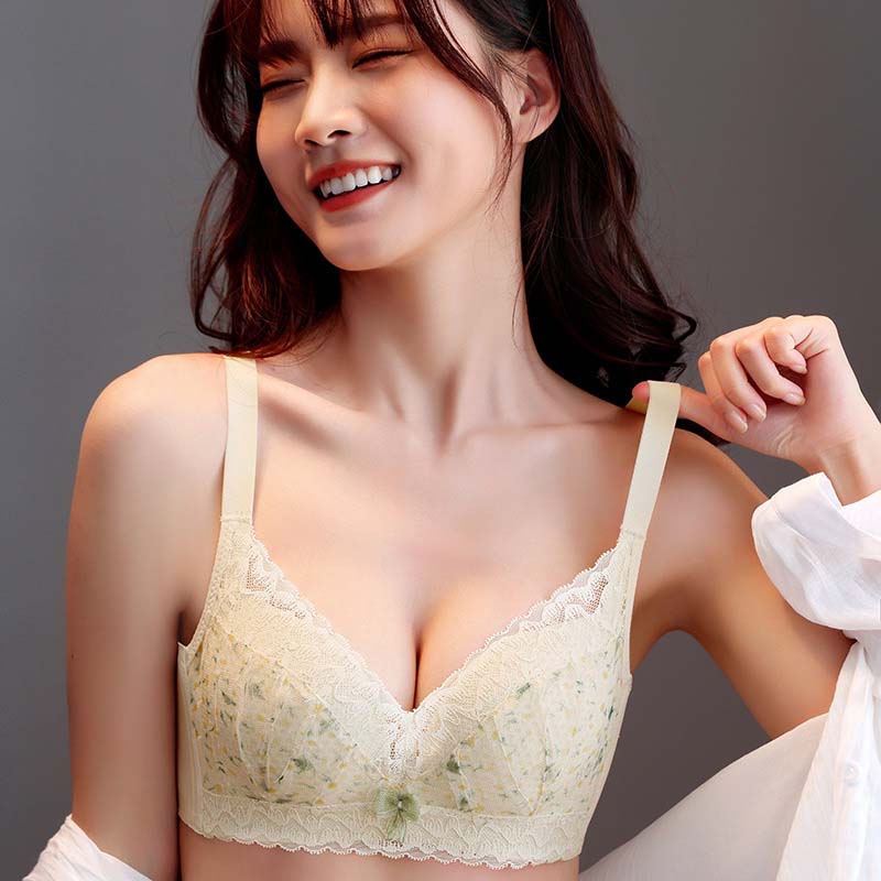 For Women Pink Blue Lingerie Lace Padded Bralette Bow Soft Trim Panties Invisible Wireless Bra Sets Underwear