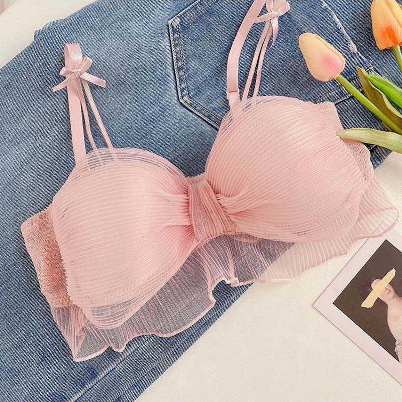 for Women Pink Padded Bra Sets Wireless Lace Trim Cotton Panties Underwear Underwear Japanese A B Sexy Lingerie Set
