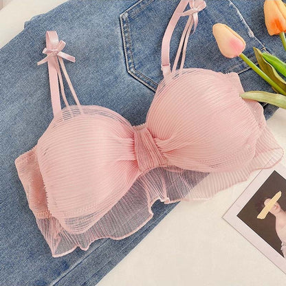 for Women Pink Padded Bra Sets Wireless Lace Trim Cotton Panties Underwear Underwear Japanese A B Sexy Lingerie Set