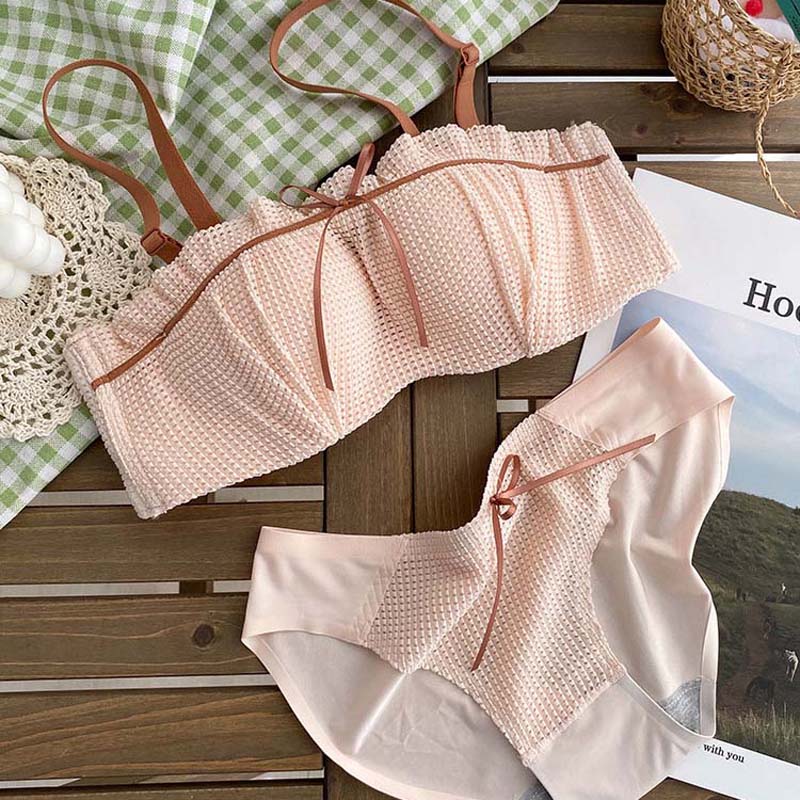 For Women Red Green Lingerie Bow Bralette Soft Panties Push Up Wireless Half Cup Invisible Bra Sets Underwear
