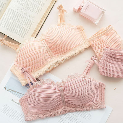 New For Women Lace Trim Half Cup Straps Bow Bralette Panties Wireless Underwear Sexy Lingerie Push Up Bra Sets