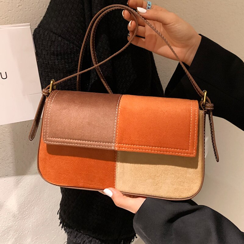 Small Matte Shoulder Bags for Women Patchwork Handbag Contrast Suede Flap Messenger Bag Female Frosted Pu Leather Crossbody Bag