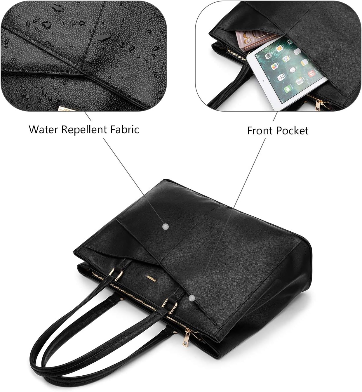 Laptop Tote Bag for Women 15.6 Inch Waterproof Leather Computer Bags Business Office Work Briefcase Black
