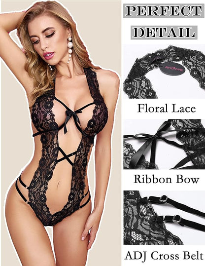 Women Deep V Halter Lingerie Teddy One Piece Bodysuit Lace Babydoll (Black)