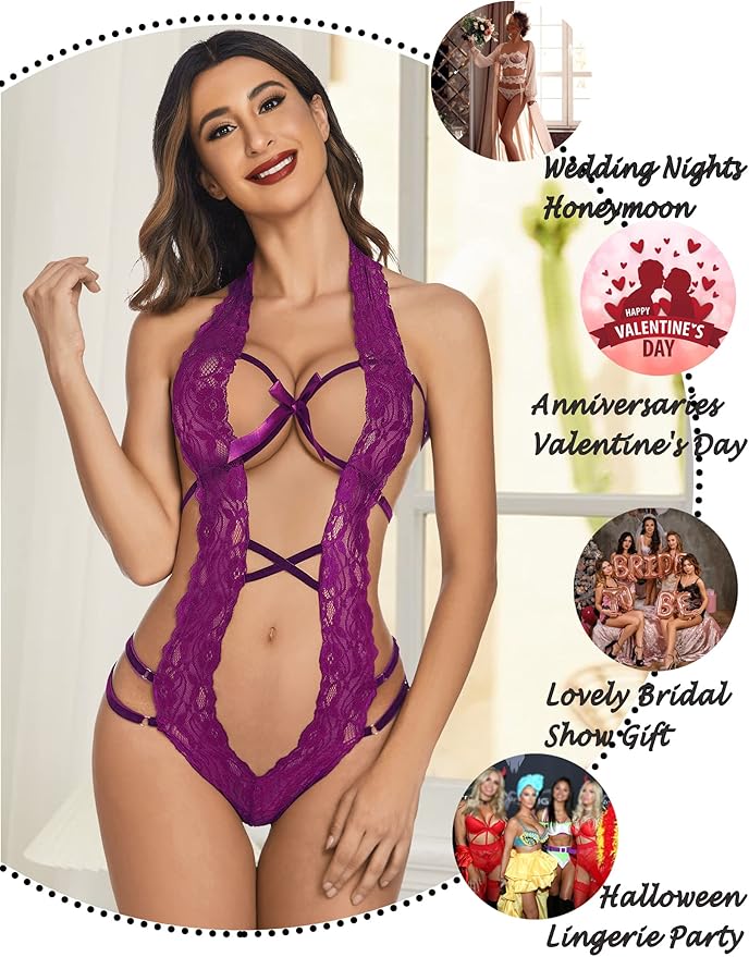 Women Deep V Halter Lingerie Teddy One Piece Bodysuit Lace Babydoll