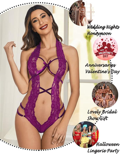 Women Deep V Halter Lingerie Teddy One Piece Bodysuit Lace Babydoll
