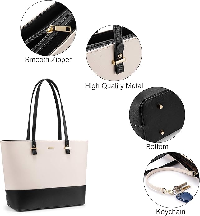 Handbags for Women Shoulder Bags Tote Satchel Hobo 3pcs Purse Set Black-Beige