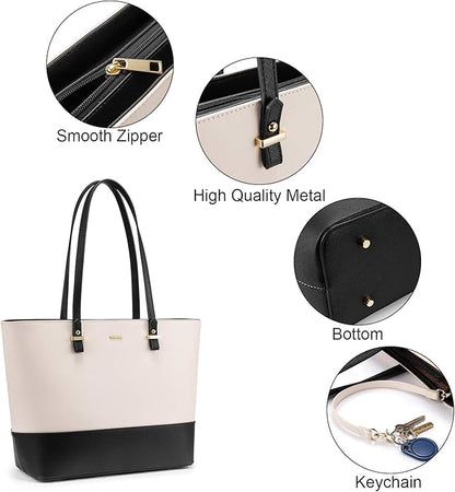 Handbags for Women Shoulder Bags Tote Satchel Hobo 3pcs Purse Set Black-Beige