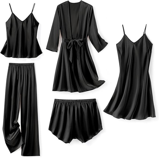Silk Pajamas for Women 5Pcs Sleepwear Loungewear Satin Robe Cami Shorts Pj Set