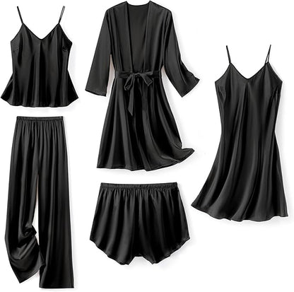 Silk Pajamas for Women 5Pcs Sleepwear Loungewear Satin Robe Cami Shorts Pj Set