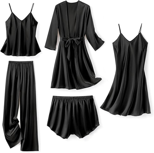 Silk Pajamas for Women 5Pcs Sleepwear Loungewear Satin Robe Cami Shorts Pj Set