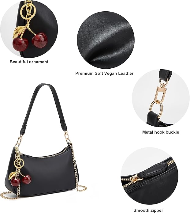 Black Shoulder Bag for Women Cute Hobo Cherry Purse Retro Clutch Underarm Handbag with Removable Straps