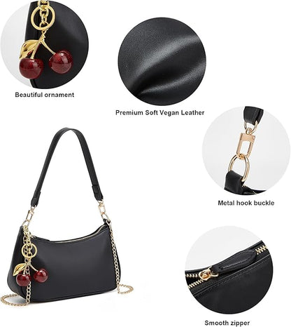 Black Shoulder Bag for Women Cute Hobo Cherry Purse Retro Clutch Underarm Handbag with Removable Straps