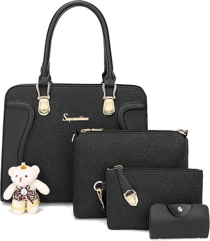 Women's Fashion Handbag Tote Bag Shoulder Top Handle Satchel Purse Set 4pcs  Stylish Style,Chain Texture Design,Ample Space,Bear Doll Decoration,with a Crossbody Strap