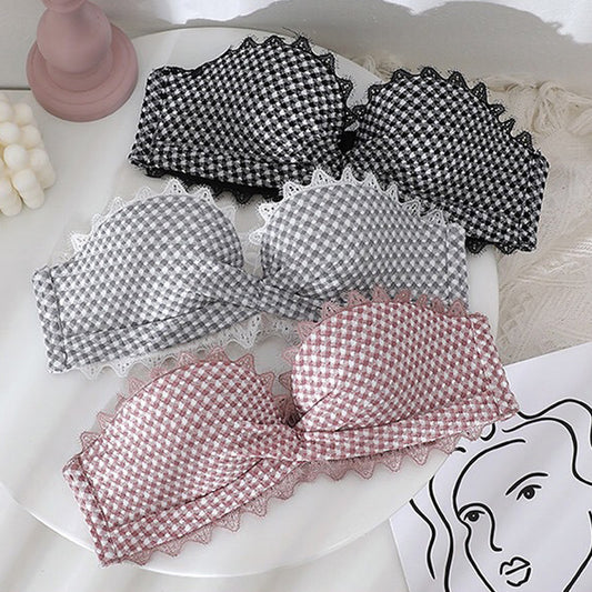 New Women Gray Lace Adjustable Straps Bralette Panties Wireless Bra Set Underwear Sexy Lingerie Strapless Push Up
