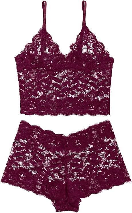 Sheer Floral Lace Pajamas Lingerie Set High Waist Sleepwear Bra and Panty 2 Piece Nightwear