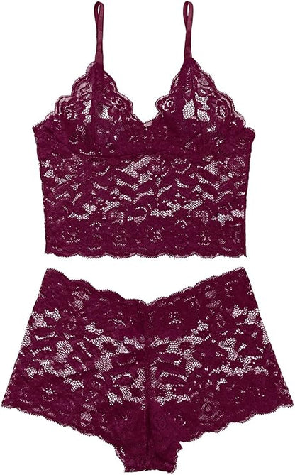 Sheer Floral Lace Pajamas Lingerie Set High Waist Sleepwear Bra and Panty 2 Piece Nightwear