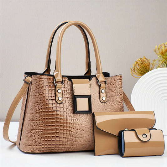 European & American 3 Piece Set Women's Bag Bright Leather Handbag Trend Shoulder Shopping Women's Crossbody Bag Casual Tote Bag