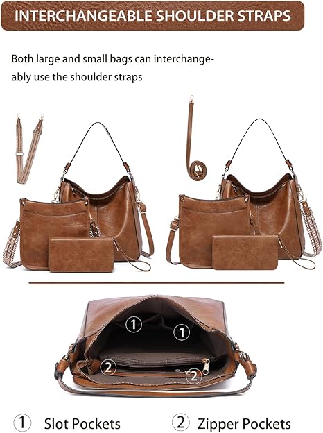 Purses for Women 3PCS, Crossbody Bags Set Large Leather Purse Shoulder Handbags with Wallet Adjustable Straps for Ladies Tote
