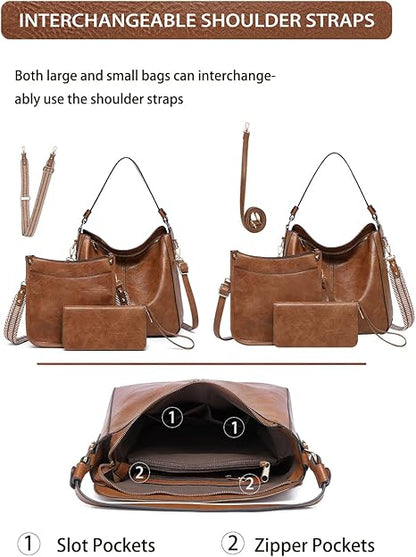 Purses for Women 3PCS, Crossbody Bags Set Large Leather Purse Shoulder Handbags with Wallet Adjustable Straps for Ladies Tote