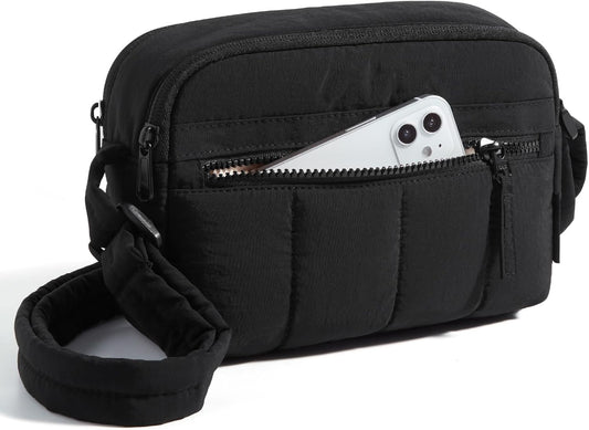 Cross Body Purse, Mini Crossbody Bags for Women Travel Purse, Puffy Shoulder Handbag Wallet with RFID Blocking Slots, Black-small