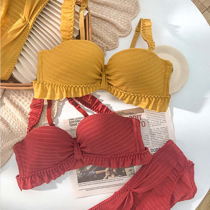 Women Red Yellow Lace Trim Half Cup Padded Bras Bralette Panties Push Up Sexy Lingerie Sets Underwear A B