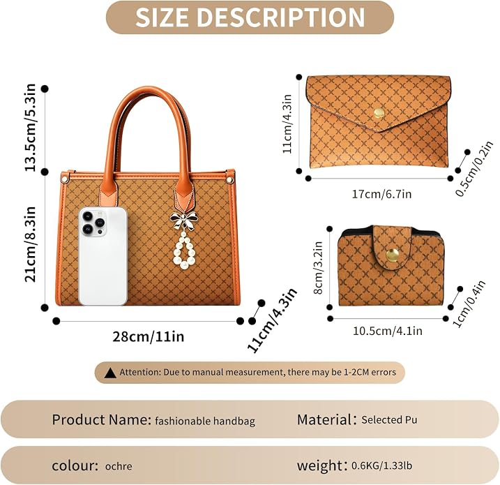 3Pcs Purses and Handbags Set for Women, Top Handle Satchel Shoulder Crossbody Tote Bag Purse with Wallet for Work