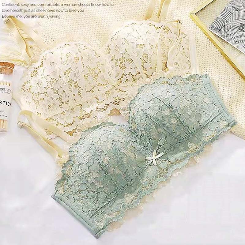 Women Pink Sexy Lingerie Sets Wireless Lace Cotton Panties Padded Bras Push Up Bra Sets Underwear A B
