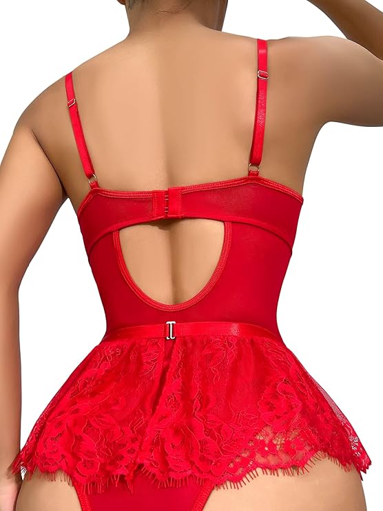 Stocking Rhinestones Heart Garter Underwire Floral Mesh lace Sheer Babydoll Lingerie Teddy Bodysuit Skirt Set