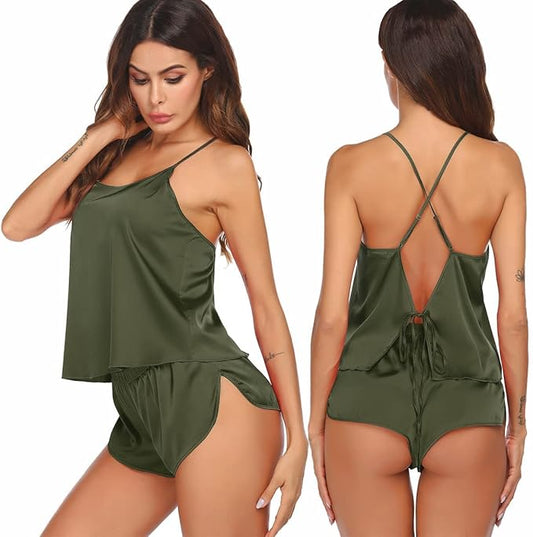 Silk Pajamas Set for Women Satin Backless Lingerie Pjs Cami Top and Shorts Nightwear