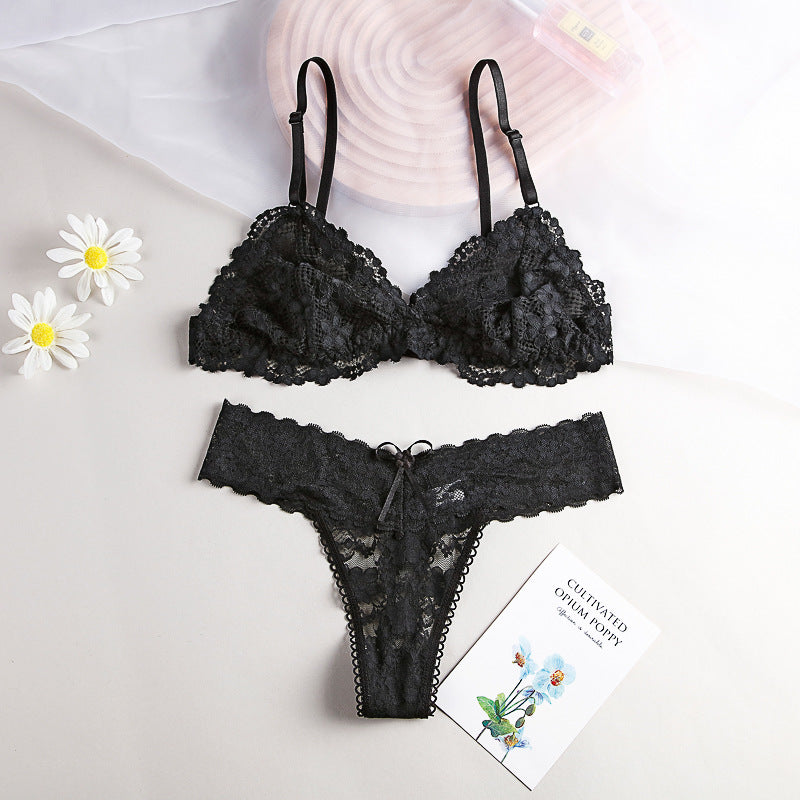 Women Sexy Lace Hollow Bra Suit Seamless Transparent Wire Free Bras Thin G String Panty Lingerie Set Unlined Bralette Set