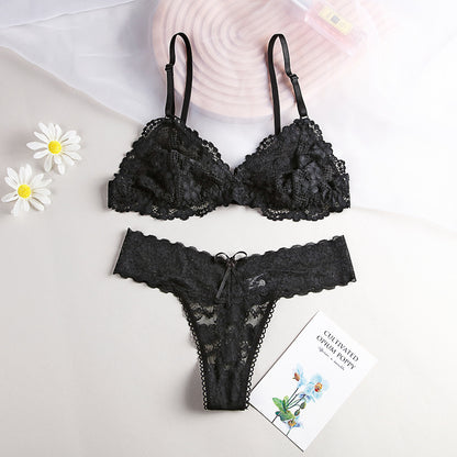 Women Sexy Lace Hollow Bra Suit Seamless Transparent Wire Free Bras Thin G String Panty Lingerie Set Unlined Bralette Set