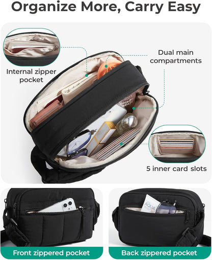 Cross Body Purse, Mini Crossbody Bags for Women Travel Purse, Puffy Shoulder Handbag Wallet with RFID Blocking Slots, Black-small
