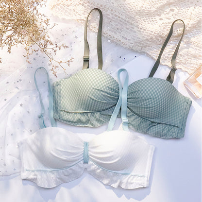 For Women Pink Green Sexy Lingerie Bralette Bow Cotton Panties Wireless Bra Sets Underwear A B Female Bras