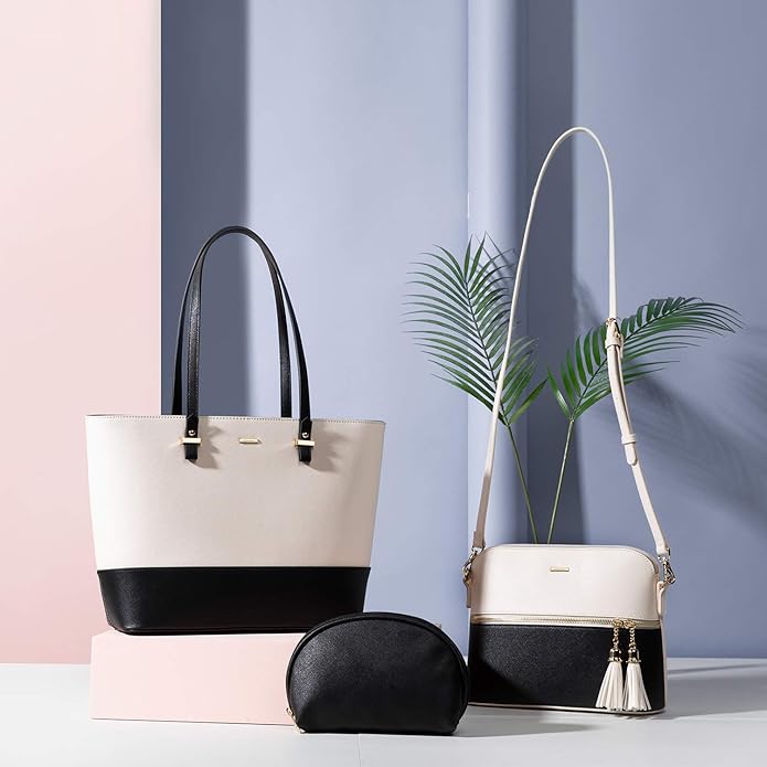 Handbags for Women Shoulder Bags Tote Satchel Hobo 3pcs Purse Set Black-Beige
