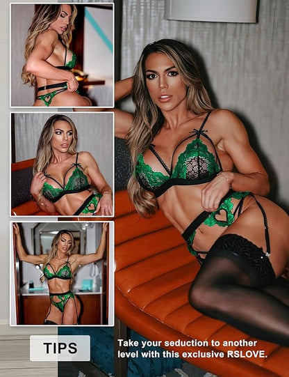 Women Lingerie Sets with Belt 3 Piece Lace Teddy Babydoll Bodysuit