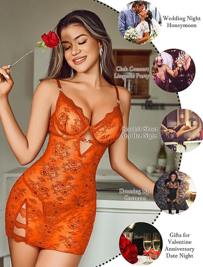 Lingerie for Women Mesh Babydoll Dress with Underwire Push Up Bra Lace Chemise Sleepwear Exotic Boudoir Outfits