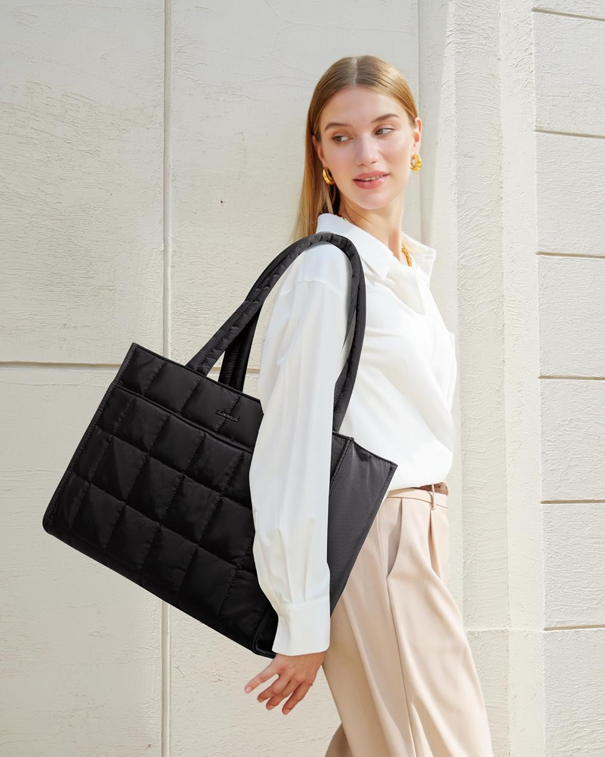 Tote Bag for Women, Puffer Work Handbag 15.6 Inch Laptop Purse for Nurse Teacher, Large Quilted Travel Tote Shoulder Bag with Zipper for College Office Clinical Gym, Black