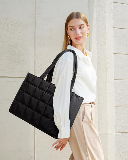 Tote Bag for Women, Puffer Work Handbag 15.6 Inch Laptop Purse for Nurse Teacher, Large Quilted Travel Tote Shoulder Bag with Zipper for College Office Clinical Gym, Black