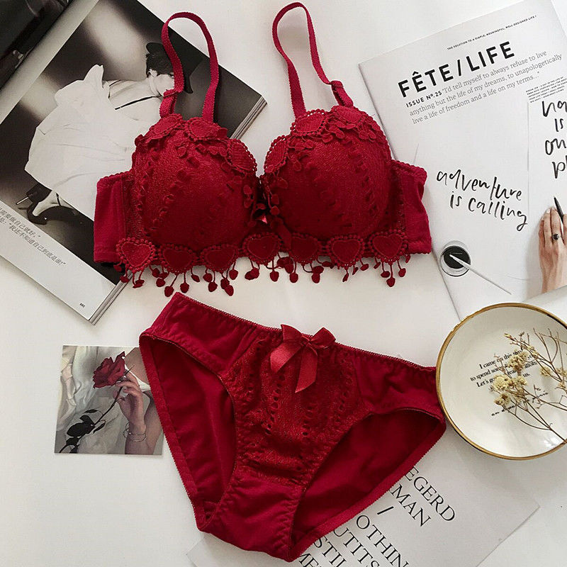 Students Girls Sweet Candy Color Underwear Set Women Korean Graceful Lace Heart Padded Push Up Bras Underpants Suit Lingerie Set