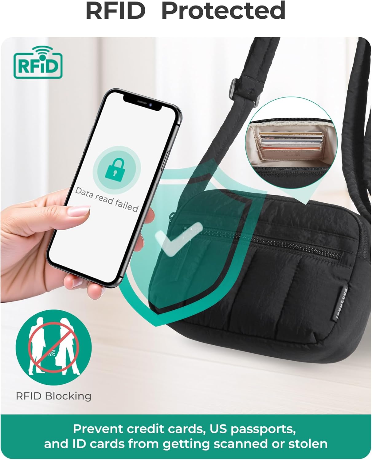 Cross Body Purse, Mini Crossbody Bags for Women Travel Purse, Puffy Shoulder Handbag Wallet with RFID Blocking Slots, Black-small