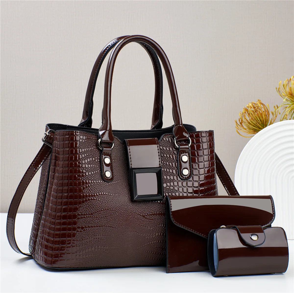 European & American 3 Piece Set Women's Bag Bright Leather Handbag Trend Shoulder Shopping Women's Crossbody Bag Casual Tote Bag