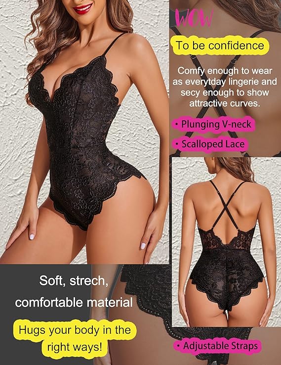 Women One Piece Lingerie Deep V Teddy  Lace Bodysuit Snap Crotch Babydoll