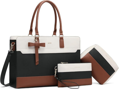 3pcs Laptop Bag for Women 15.6 Inch Leather Work Tote Bags Professional Business Office Computer Shoulder Briefcase