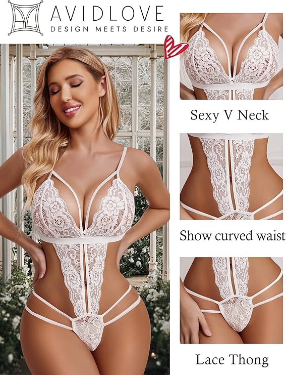 Women One Piece Lingerie Deep V Lace Bodysuit Babydoll Teddy Underwear (White)